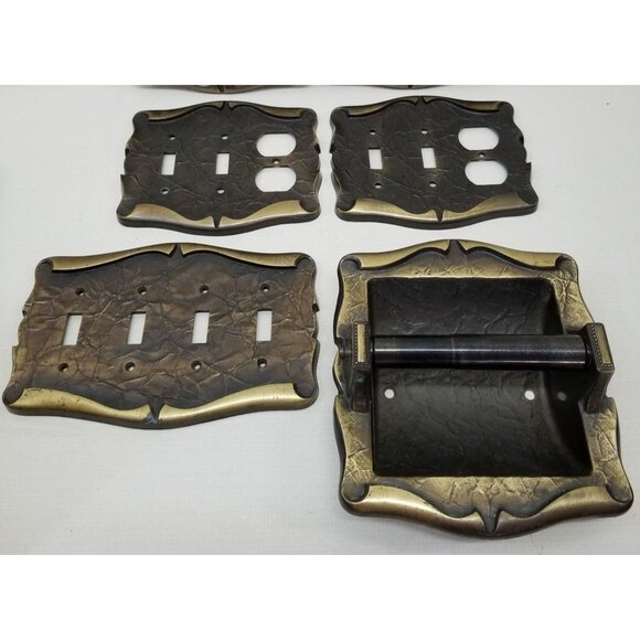 4 Pc Set Light Switch Outlet Covers Toilet Roll Dispenser Brown Gold Hammered Me - Picture 1 of 7